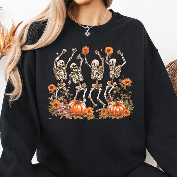 Dancing Skeletons Pumpkin Patch Halloween Sweatshirt Handmade Unisex - Picture 1 of 3